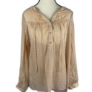 DR2 Daniel Rainn Peach/Champagne Print Split Neck sheer‎ Blouse long sleeve Sz L